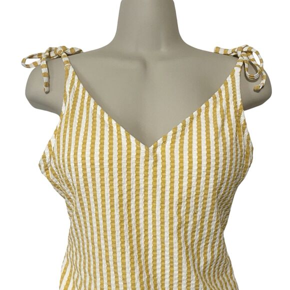 Jessica Simpson Striped Seersucker One Piece Swimsuit Mustard Yellow White Sz L - Picture 2 of 13